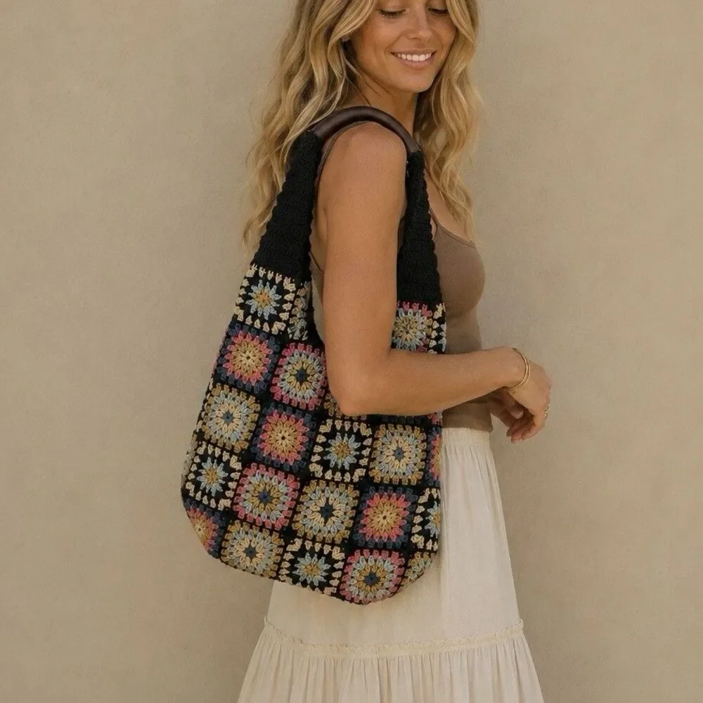 Free People Granny Square Crochet Tote Bag Black Multi Boho Leather Handle NWOT